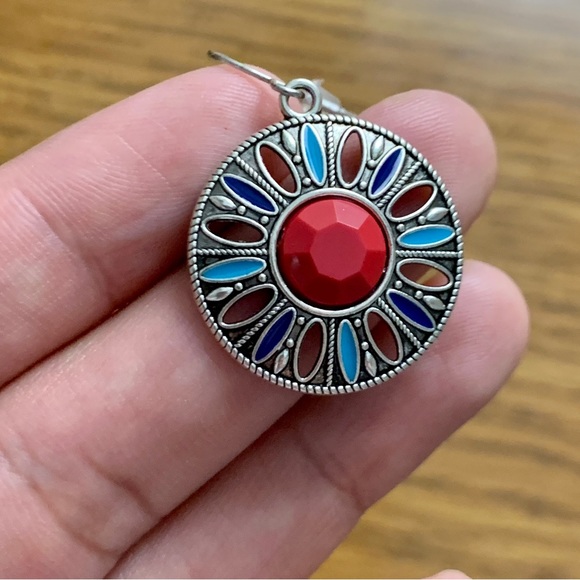 Boho Silver Floral Disk Drop Earrings - Picture 5 of 9